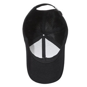 Classic black baseball cap interior with moisture-wicking sweatband and metal buckle