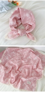 Pink floral embroidery scarf with white lace trim and delicate Natural Style fabric tag
