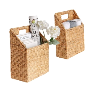 Set of two handmade woven rattan hanging storage baskets for wall decor and organizing