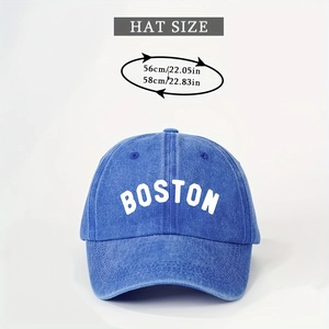 Detailed view of blue washed cotton baseball cap with Boston print and size chart