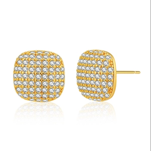 Minimalist square cushion pavé stud earrings with sparkling cubic zirconia on gold base
