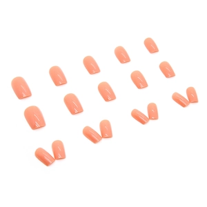 Glossy nude pink square press-on nails set with 24 pieces displayed on white background