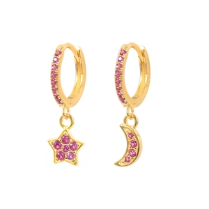 Pendientes asimétricos de estrella y luna en plata S925 con circón púrpura chapados en oro