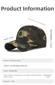 Detail view of U.S. ARMY embroidery and camouflage fabric on a tactical baseball cap