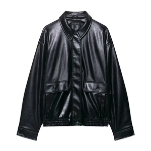Women Retro Faux Leather Aviator Jacket Crop PU Zip Up Bomber Jacket With Flap Pockets Lapel Collar Long Sleeve Outerwear