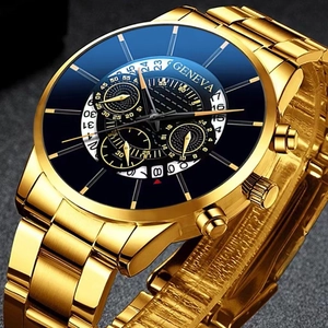 Detailed close-up of a Geneva gold steel strap watch with multifunctional dark dial
