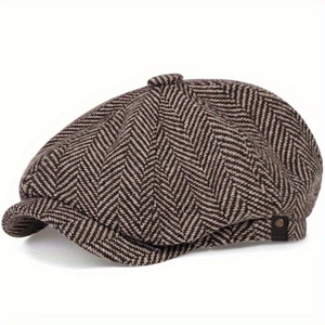 Classic herringbone newsboy cap in brown wool blend for autumn winter warmth