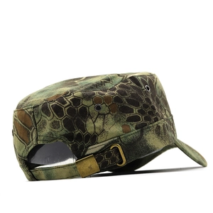 Close-up of adjustable bronze buckle and snake camo pattern on cotton military cap