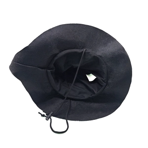 Detail view of black pleated witch hat interior with adjustable drawstring and inner lining