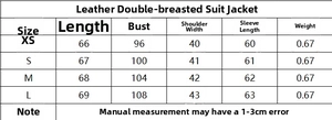 Size chart detail for women's double-breasted leather blazer showing XS to L measurements