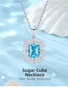 Close-up of S925 silver necklace with sunflower pendant and sky blue rectangular gem