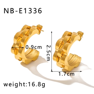 Macro detail of 18k gold plated wave-texture hoop earrings with size and weight specs
