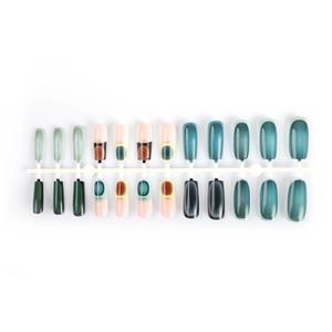 Press-on nail kit with peacock blue cat-eye effect and multicolor resin nail art tips