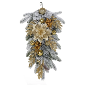 White and gold flocked Christmas wreath with snow-dusted pine needles and gold berries
