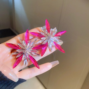 Close-up of sparkling star-shaped earrings with magenta crystals and faceted petals