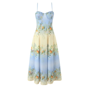 Bohemian Maxi Dress Sleeveless V Neck Spaghetti Strap Gradient Orange Citrus Print Summer Vacation Beach Long Dress Women