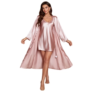 Elegant two-piece pink satin sleepwear set with V-neck nightdress and belted long robe