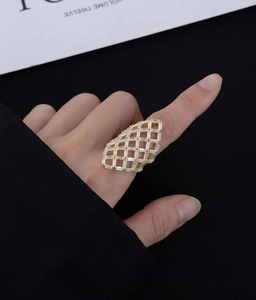 Macro detail of gold openwork mesh ring featuring sparkling rectangular white zircons