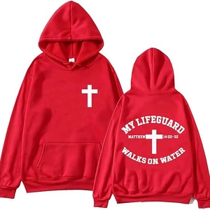 Sweat à capuche rouge imprimé My Lifeguard Walks On Water avec verset biblique