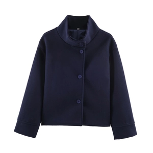 Women Stand Collar Short Jacket Wool-Like Polyester Single Breasted Coat Loose Casual Elegant Outerwear