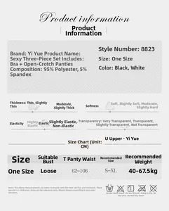 Detailed size chart for sexy three-piece lingerie set with material and fit guide