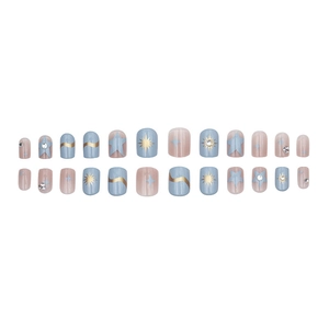 Short nude pink star press-on nails with 24 pieces featuring sparkling blue accents