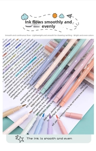 Dual-tip Morandi highlighter pens in pastel colors neatly arranged for student note-taking