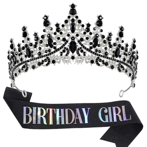 Silver crystal crown and black Birthday Girl sash set for luxury birthday parties