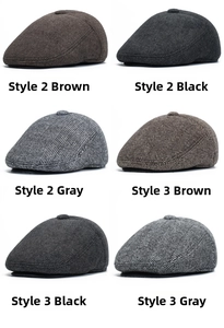 Detail view of winter flat caps in tweed and herringbone patterns with warm ear flaps
