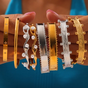 Cuff Bangle Bracelet Stainless Steel Gold Plated Imitation Artificial Pearl Geometric Texture Minimalist Trendy Women Jewelry