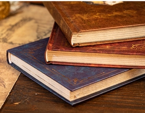 Close-up of vintage journals with gold embossed European patterns on textured hardcovers