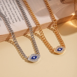 Three-piece vintage Evil Eye necklace set with cubic zirconia on classic Cuban chain