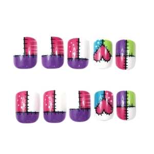 Short square press-on nails with colorful Frankenstein heart and geometric patterns