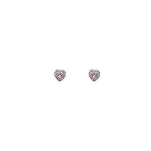 Elegant S999 silver stud earrings with pink heart gemstone and white diamond halo
