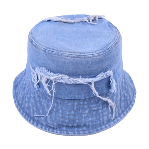 Light blue distressed denim bucket hat with frayed edges and wide brim for sun protection