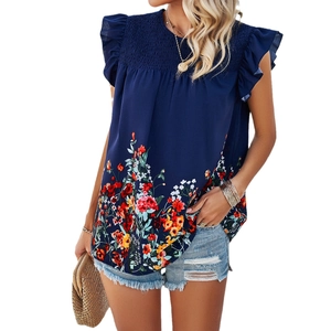 Navy blue sleeveless top with colorful floral print and elegant ruffle sleeve design