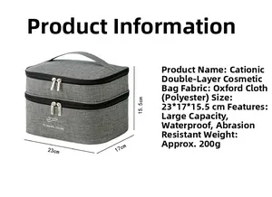 Detailed dimensions of gray double-layer oxford travel toiletry bag with handle