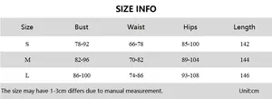 Detailed size chart for floral print one-shoulder maxi dress showing bust and waist info