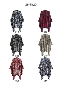 Collage of six jacquard knit ponchos with vintage floral and geometric totem patterns