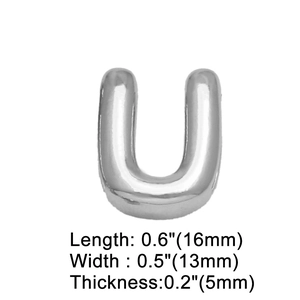 Macro view of 3D silver letter U charm showing dimensions of 16mm height and 13mm width