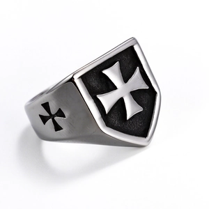 Vintage stainless steel shield ring for men with black oxidized cross pattern detail