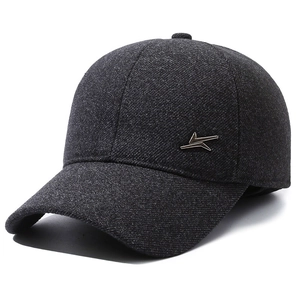 Men's dark grey winter baseball cap with ear protection and textured wool fabric