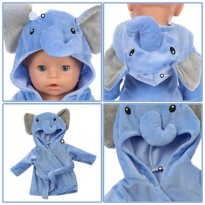 Detailed views of blue elephant doll bathrobe with hooded ears for 18 inch dolls