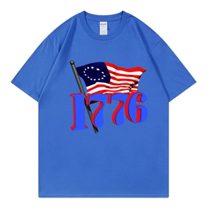 Detail view of blue 1776 graphic tee showing premium cotton fabric and collar tag