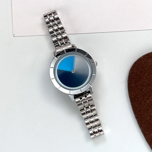 Minimalist silver steel watch with artistic blue geometric dial and 5-link metal strap