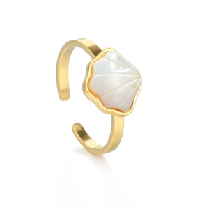 Adjustable gold open ring with a minimalist white shell petal design for women