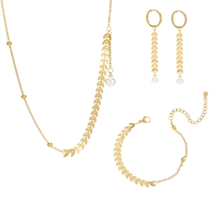 Parure de bijoux dorés avec feuilles de blé et perles, collier, boucles d'oreilles et bracelet