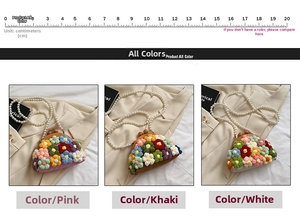 Detail of crochet floral shell bags with pearl straps and wooden clasps in three colors