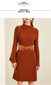 Detail view of a caramel leather wide belt with silver square buckle on a knit dress