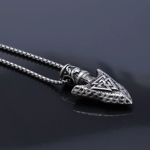 Antique silver Viking triangular pendant with Valknut symbol on a steel chain